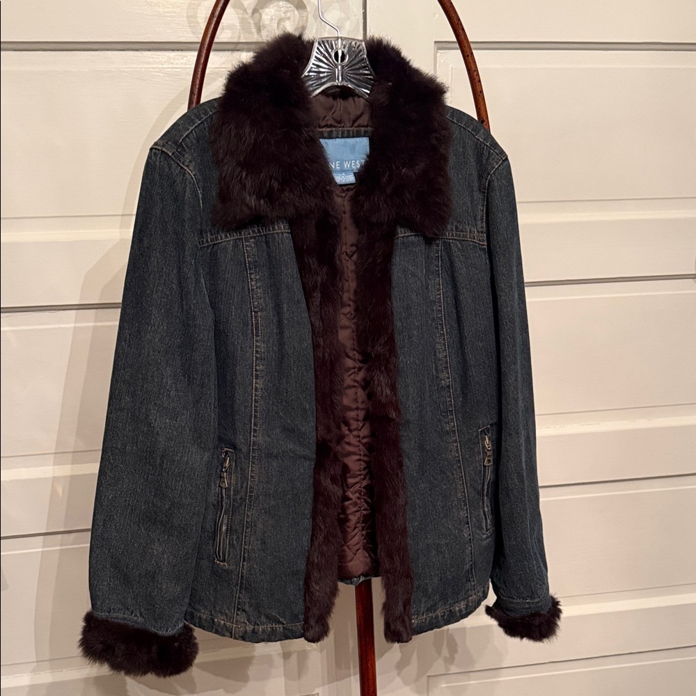 Y2K Denim Jacket Fur Trim Fitted Dark Wash Statement Jacket